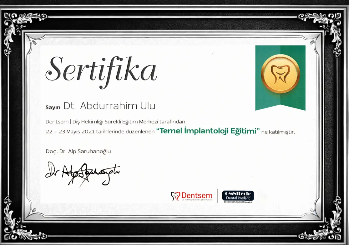 Dt Abdurrahim Ulu Temel İmplantoloji Eğitim Sertifikası