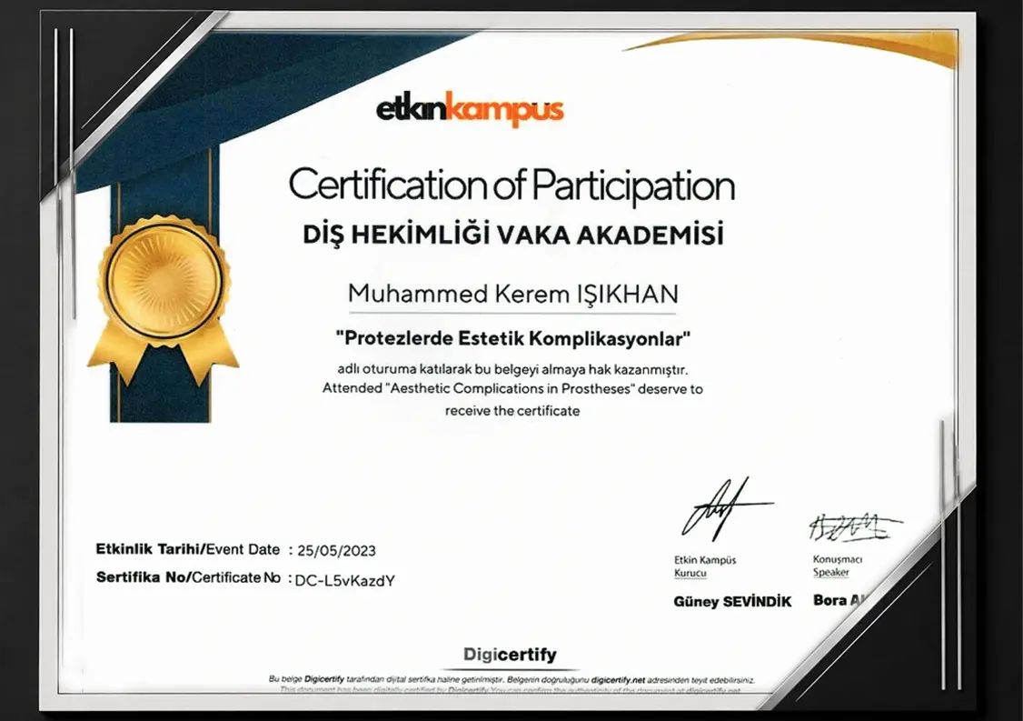 Dt Muhammed Kerem Işıkhan Protezlerde Estetik Komplikasyonlar Certification