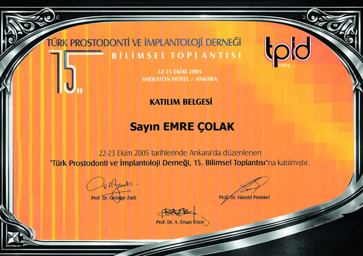 Emre Çolak Turkish Prosthodontics and İmplantology Association 15th Scientific Meeting Participation Certificate